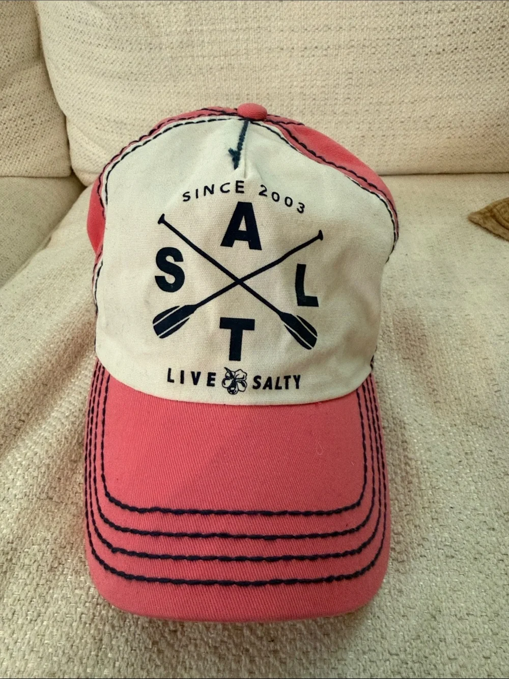 SALT LIFE Live Salty Two-Tone Hot Pink and White Baseball Cap with Navy Stitch